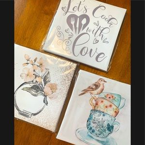 3 NWT Small Canvases-Let’s cook with love, bird tea cups peach flower round vase